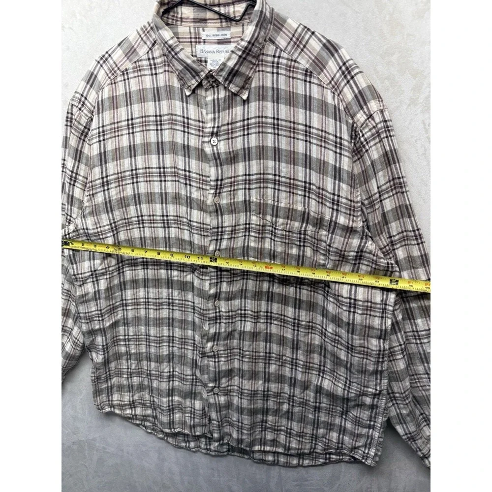 Vintage Banana Republic Irish Linen Shirt Men's XL Plaid Button Up Long Sleeve